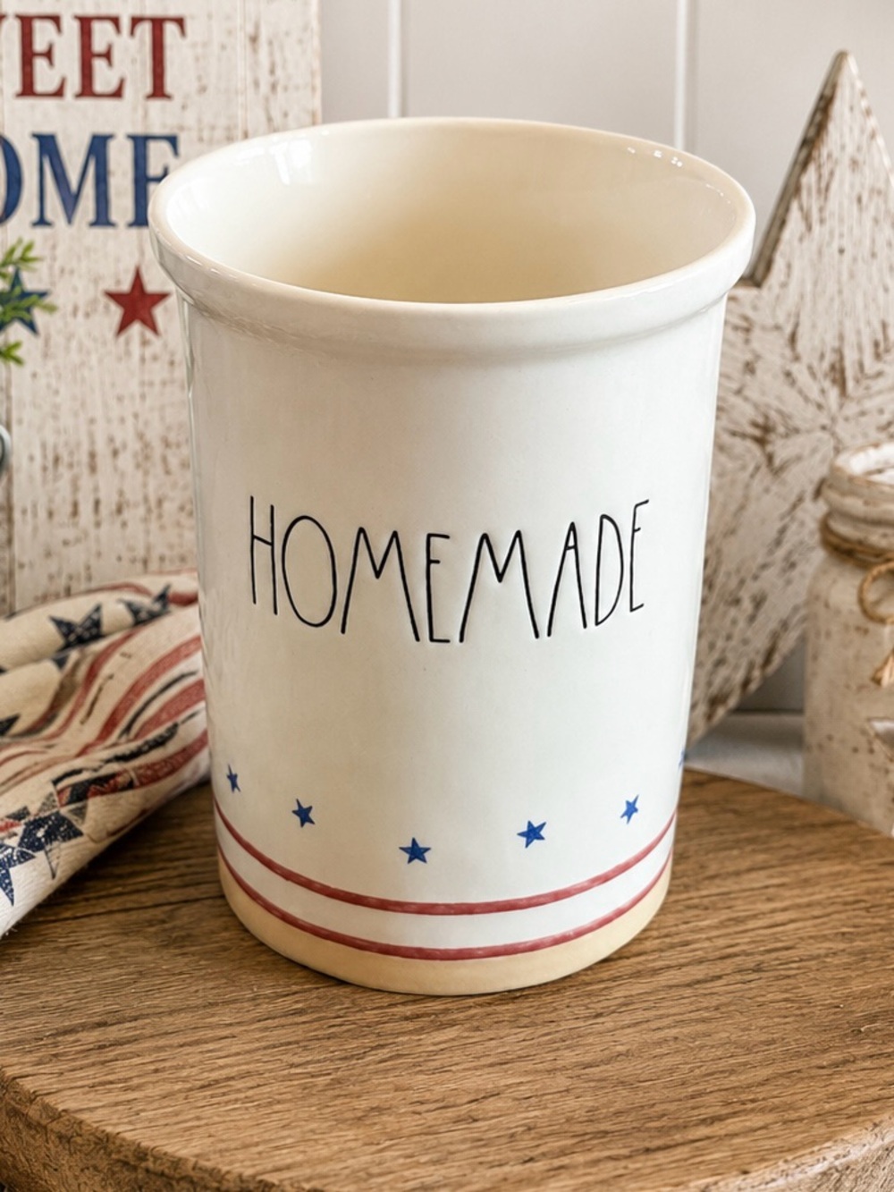 Rae Dunn HOMEMADE Utensil Holder Americana Stars & Stripes Ceramic Crock 7x5